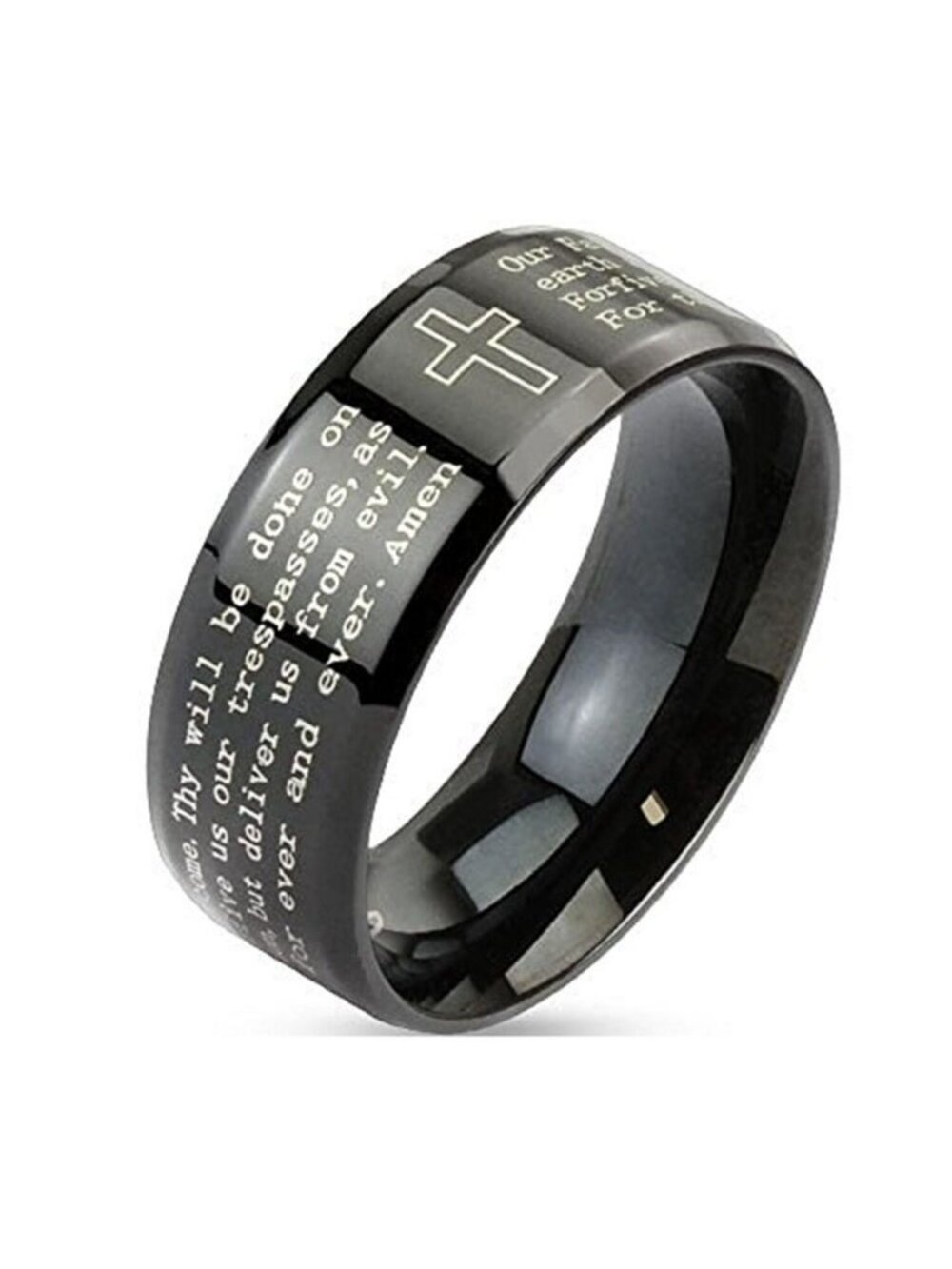 Ring Size 11 Stainless Steel Black IP with Outlined Cross Lord's Prayer Beveled